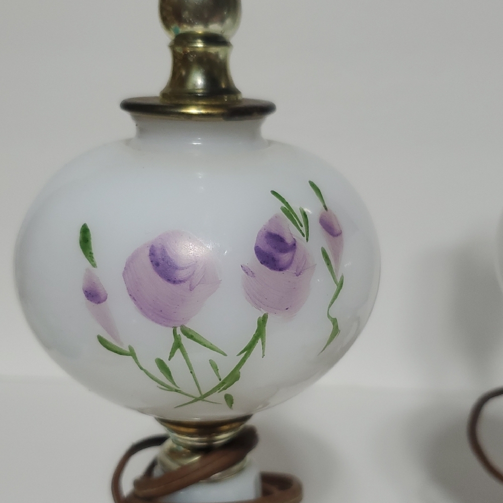 Vintage Hand Painted Boudoir White Milk Glass Table Lamps~Pair - Picture 2 of 7